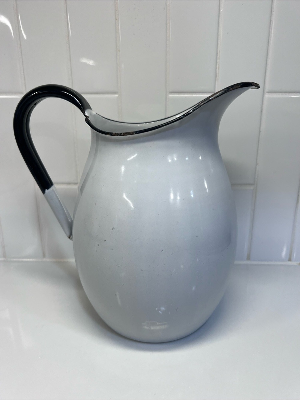 Vintage Enamel  8” Pitcher White With Black Trim Handle Enamelware Farmhouse